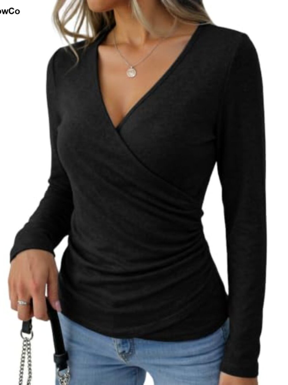 Dokotoo Deep V Neck Long Sleeve Ruched Wrap Blouse